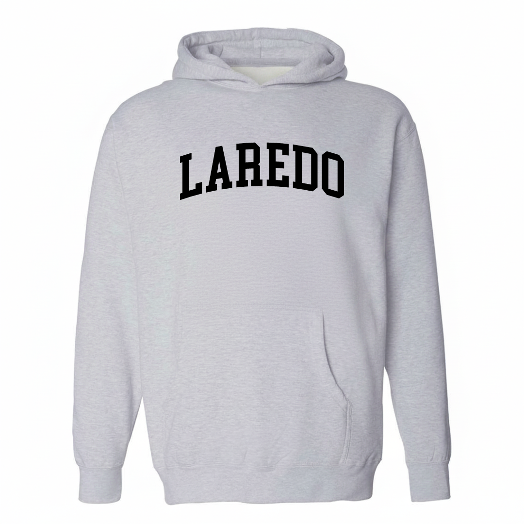Heather-gray hoodie with the Laredo arched lettering design on the chest.