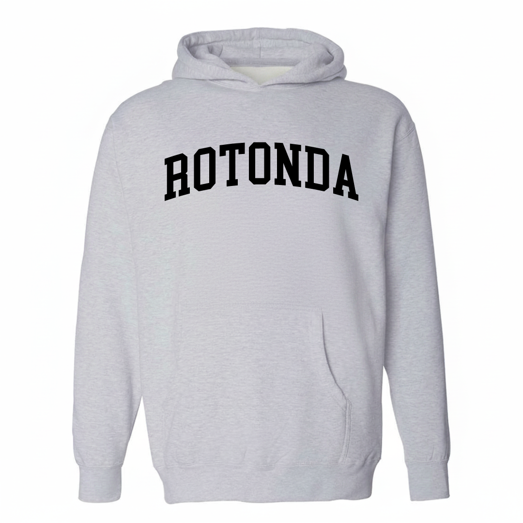 Heather-gray hoodie with the Rotonda varsity arched lettering design on the chest.