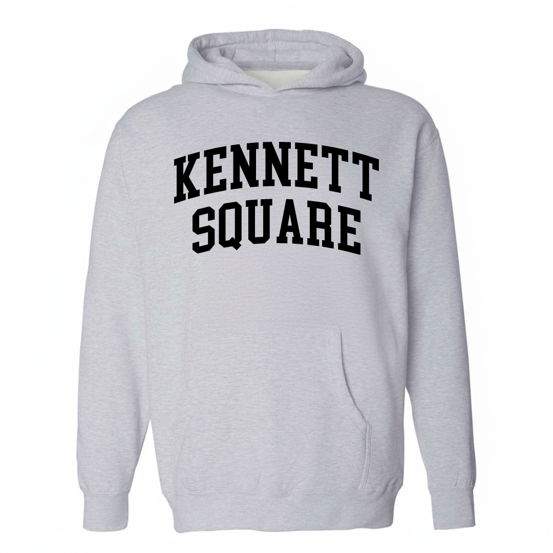 Heather-gray hoodie with the Kennett Square varsity arched lettering design on the chest.