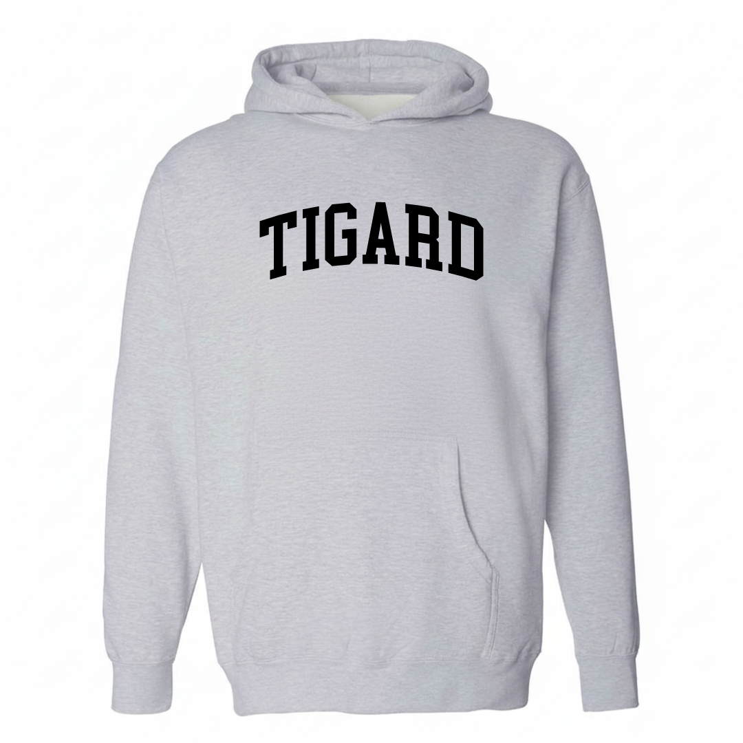 Heather-gray hoodie with the Tigard varsity arched lettering design on the chest.