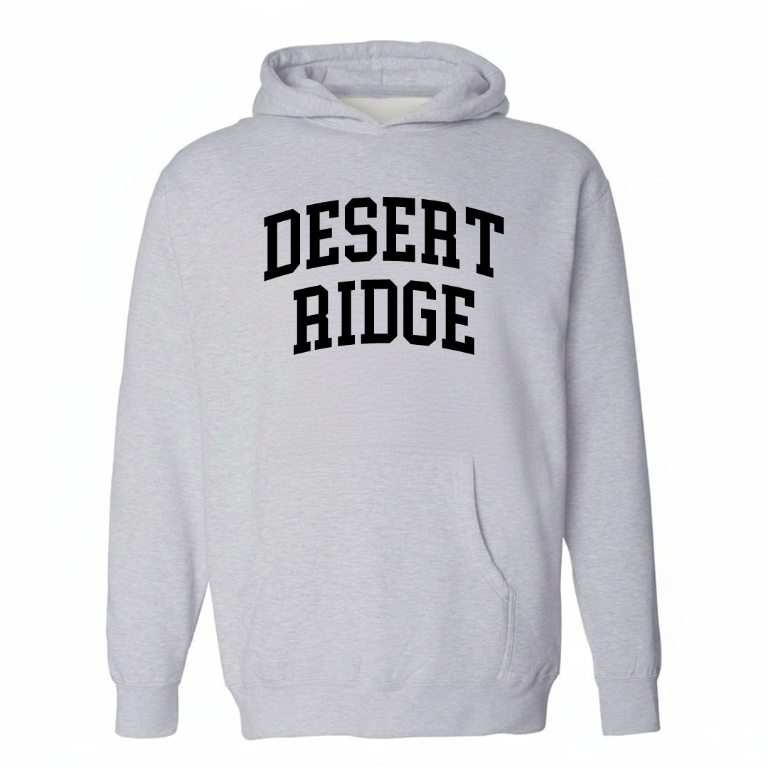 Heather-gray hoodie with the Desert Ridge arched lettering design on the chest.