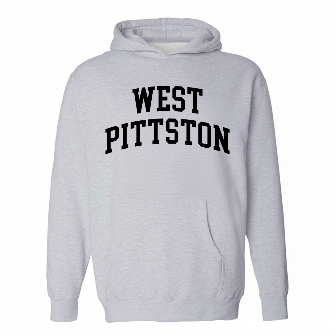 Heather-gray hoodie with the West Pittston varsity arched lettering design on the chest.