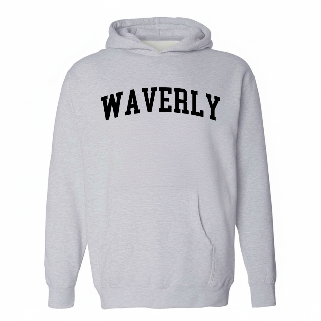 Heather-gray hoodie with the Waverly Oakland varsity arched lettering design on the chest.