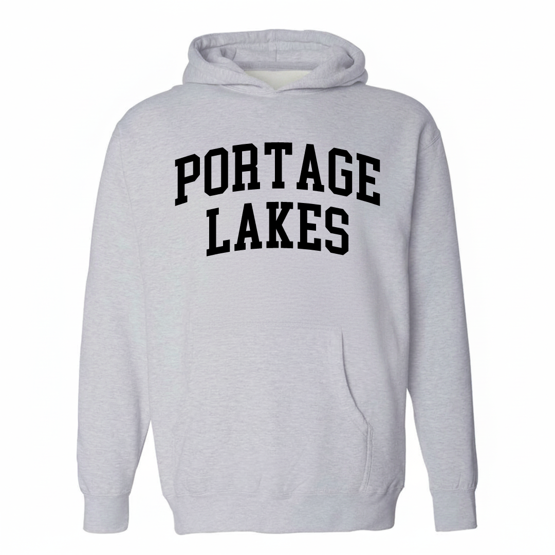Heather-gray hoodie with the Portage Lakes arched lettering varsity-collegiate design on the chest.