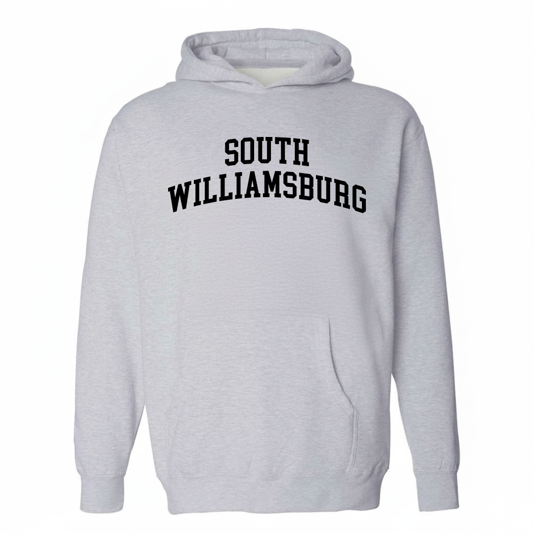 Heather-gray hoodie with the South Williamsburg varsity arched lettering design on the chest.