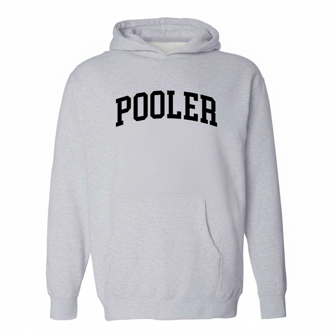 Heather-gray hoodie with the Pooler arched lettering varsity-collegiate design on the chest.