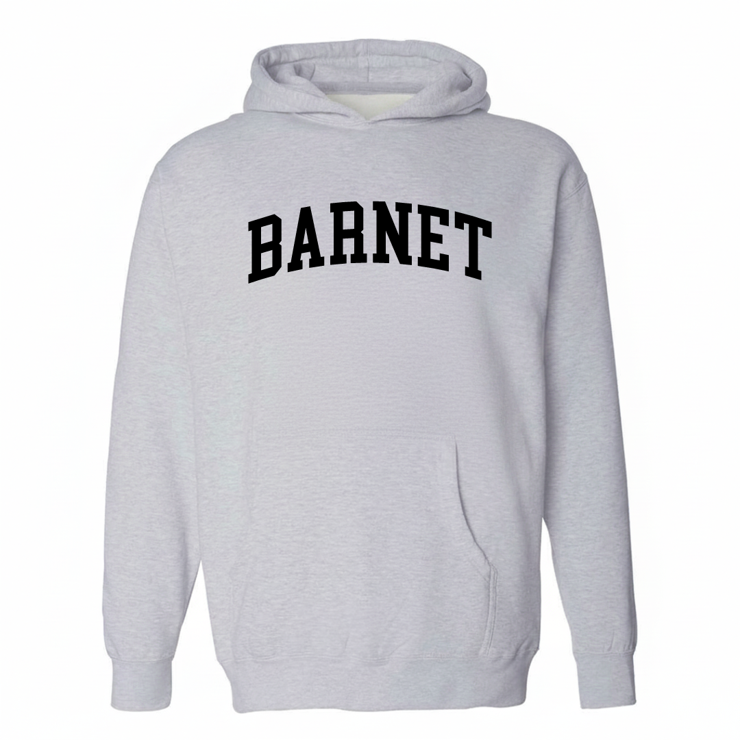 Heather-gray hoodie with the Barnet Vermont varsity arched lettering design on the chest.