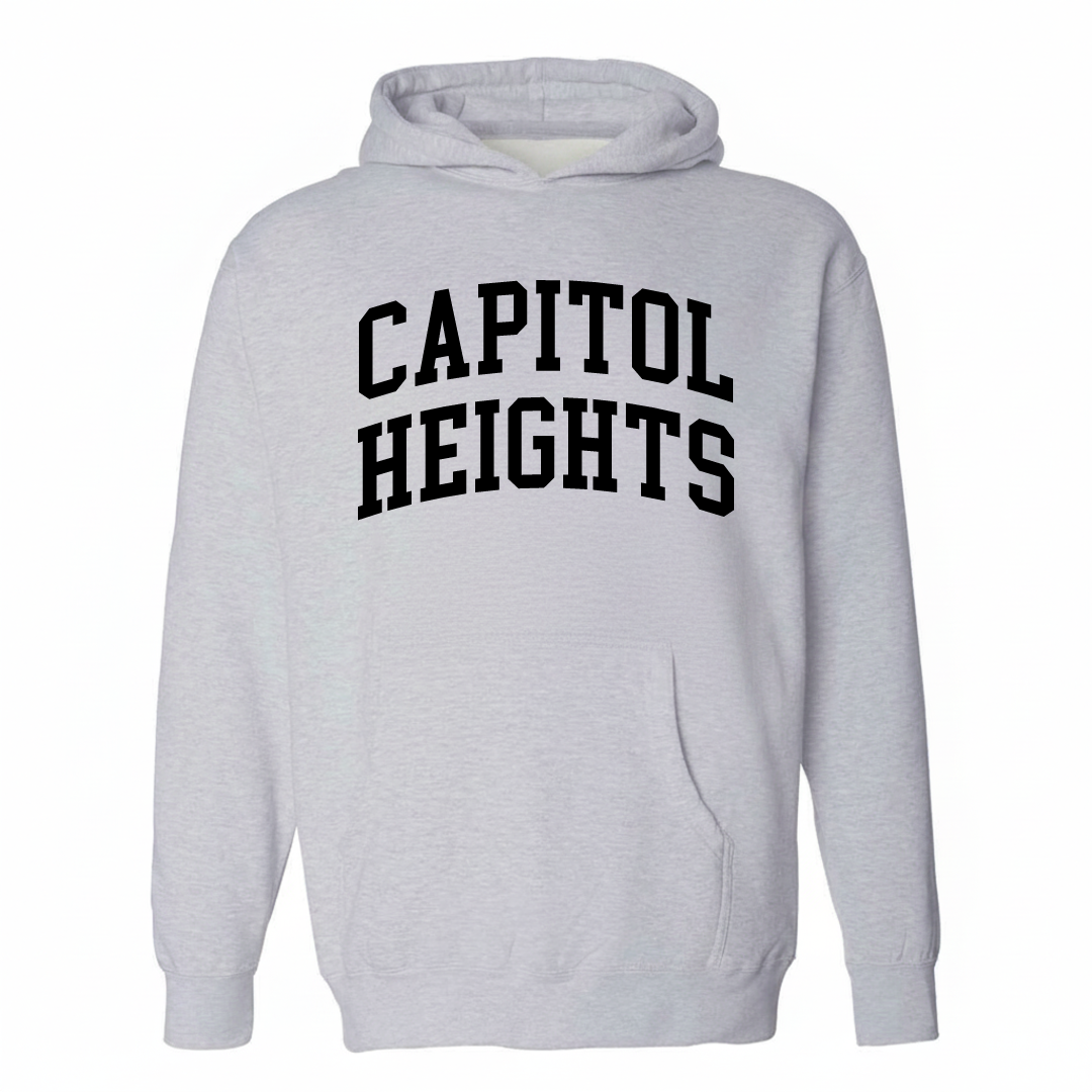 Heather-gray hoodie with the Capitol Heights varsity arched lettering design on the chest.