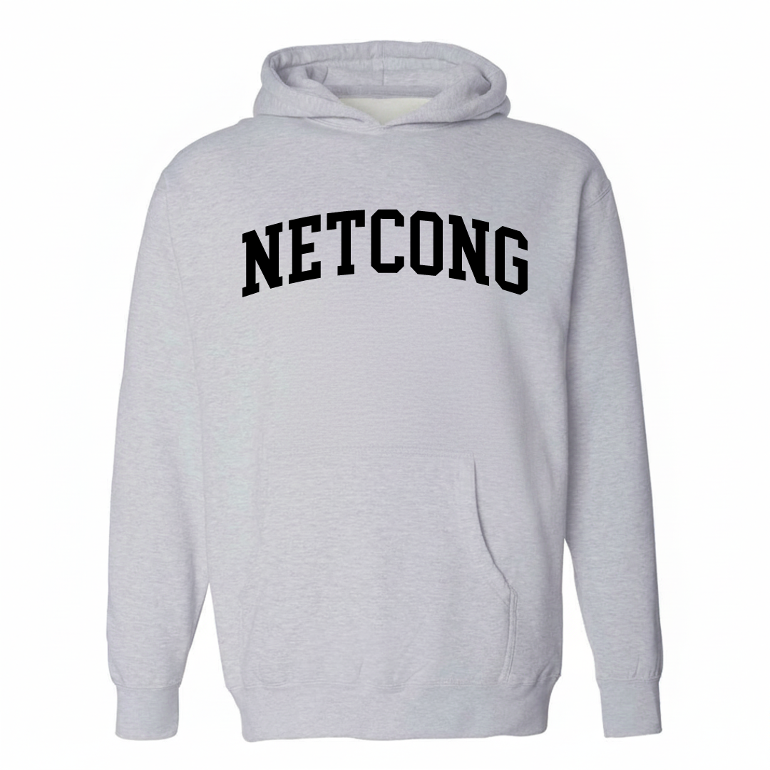 Heather-gray hoodie with the Netcong varsity arched lettering design on the chest.