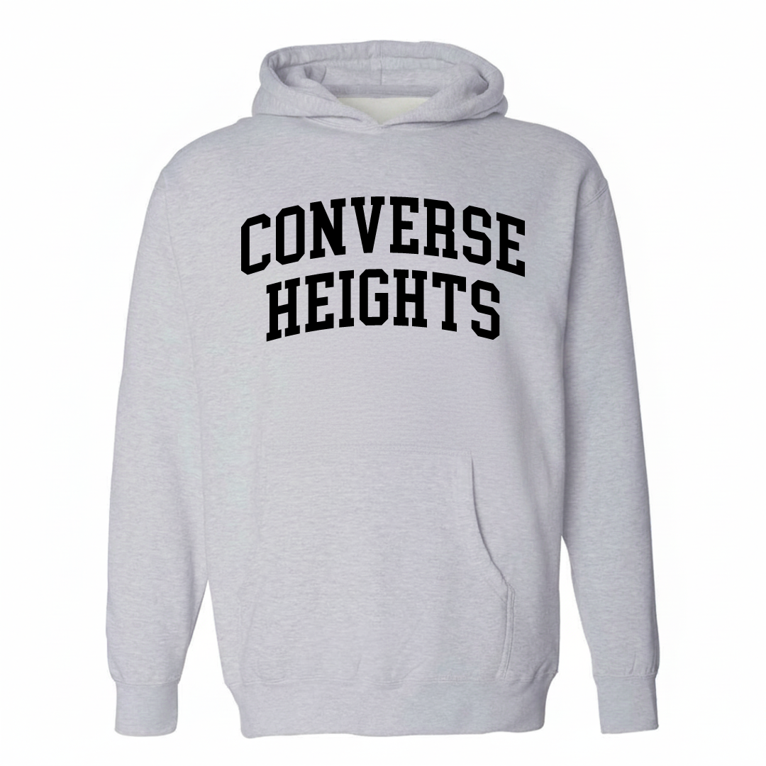 Heather-gray hoodie with the Converse Heights varsity arched lettering design on the chest.