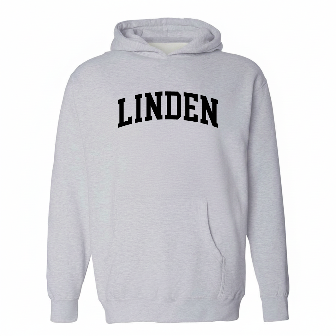 Heather-gray hoodie with the Linden arched varsity lettering design on the chest.