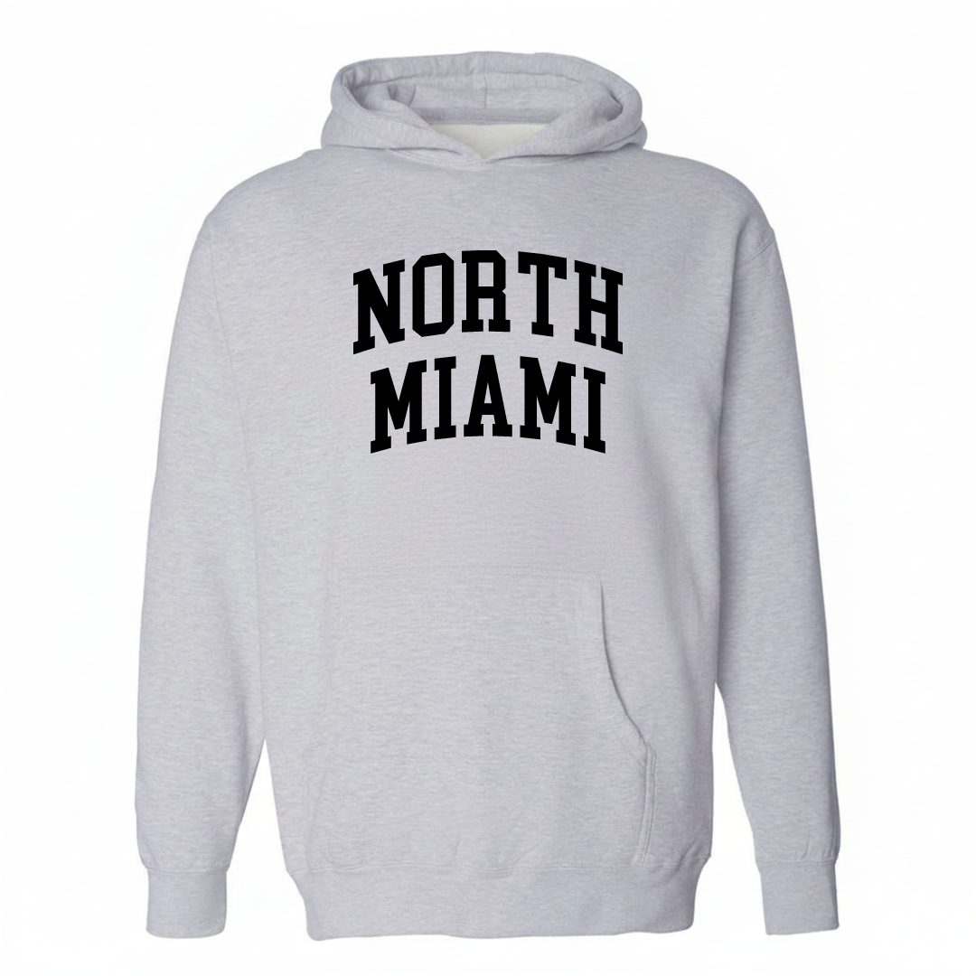 Heather-gray hoodie with the North Miami varsity arched lettering design on the chest.