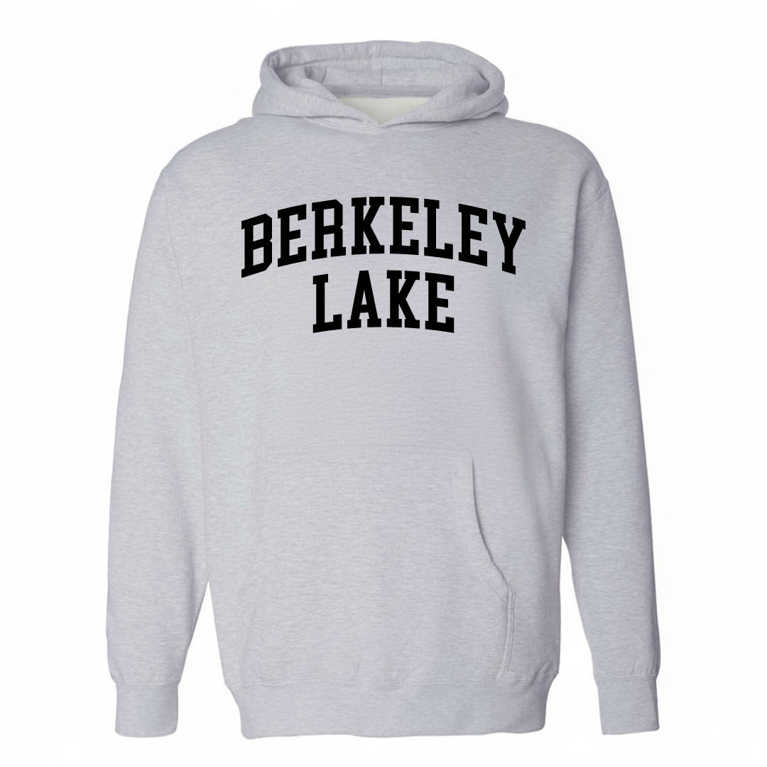Heather-gray hoodie with the Berkeley Lake varsity arched lettering design on the chest.