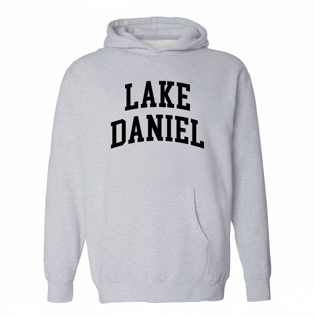 Heather-gray hoodie with the Lake Daniel varsity arched lettering design on the chest.
