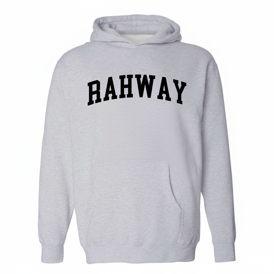 Heather-gray hoodie with the Rahway arched varsity lettering design on the chest.