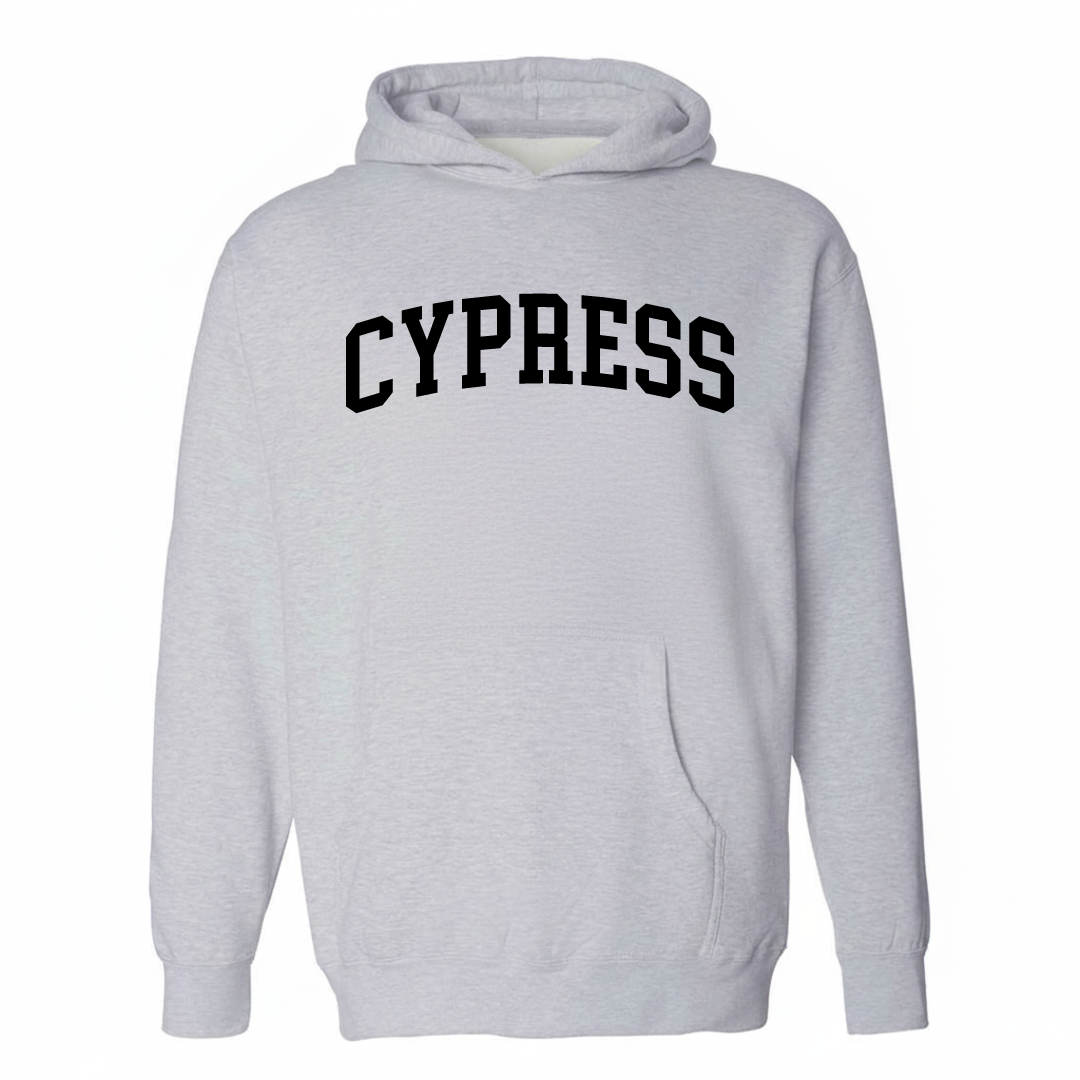 Heather-gray hoodie with the Cypress arched varsity lettering design on the chest.