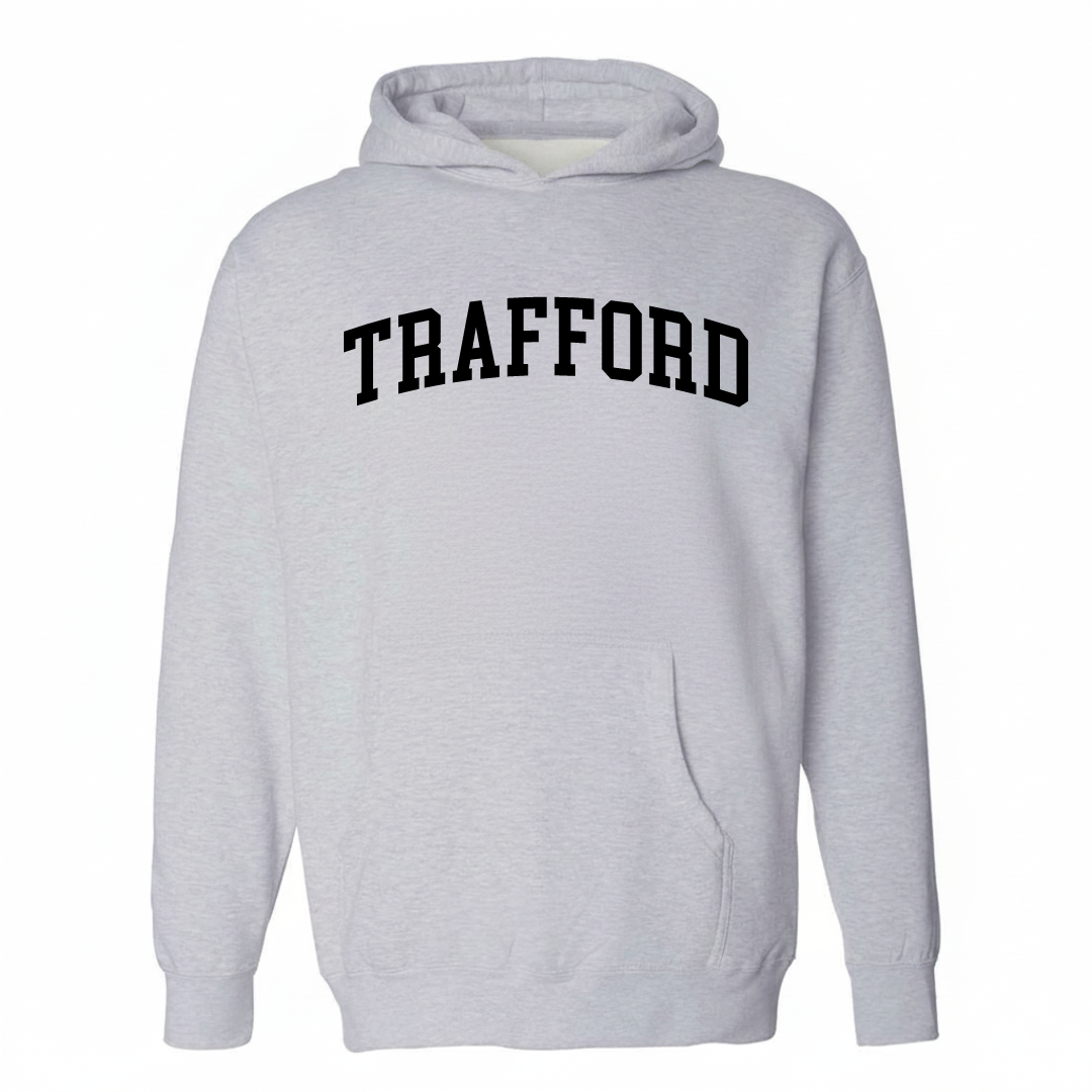Heather-gray hoodie with the Trafford arched varsity lettering design on the chest.
