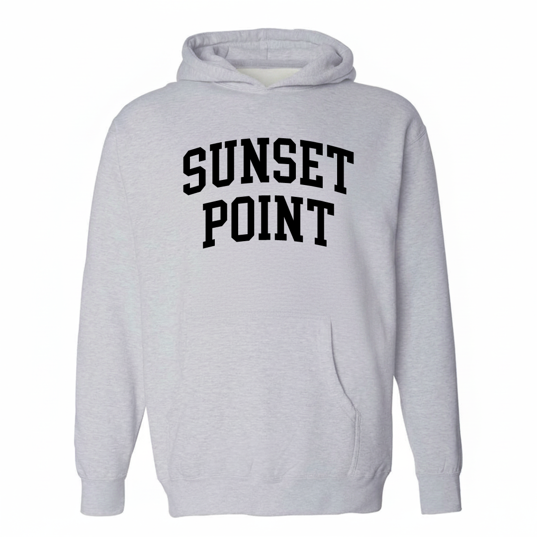 Heather-gray hoodie with the Sunset Point arched varsity lettering design on the chest.