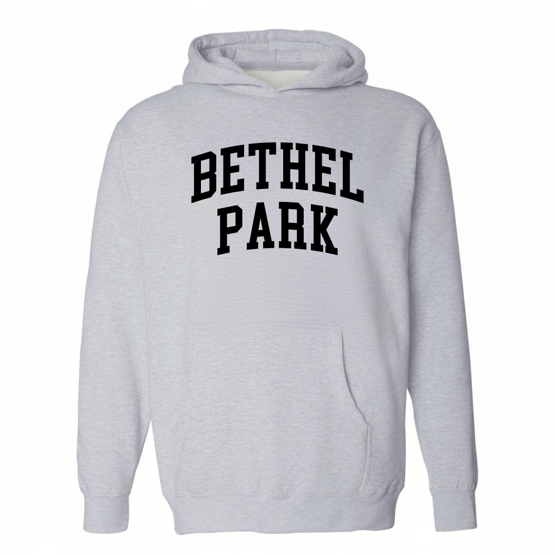 Heather-gray hoodie with the Bethel Park varsity arched lettering design on the chest.
