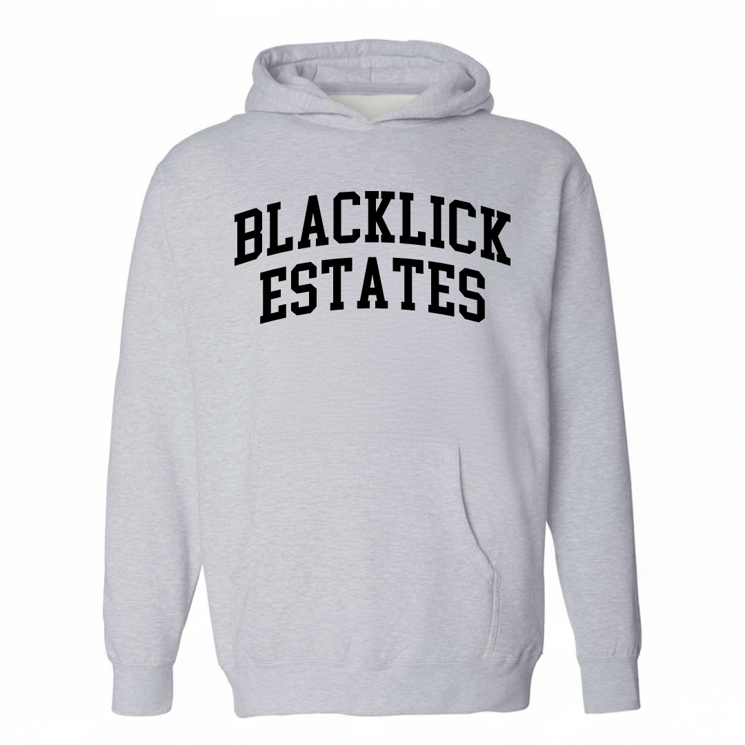 Heather-gray hoodie with the Blacklick Estates varsity arched lettering design on the chest.