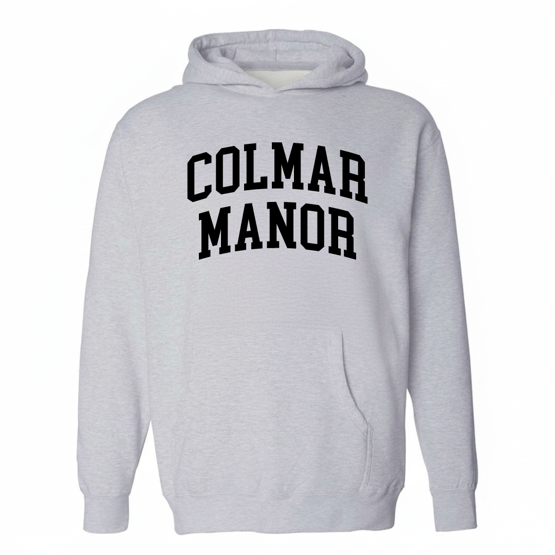 Heather-gray hoodie with the Colmar Manor varsity arched lettering design on the chest.