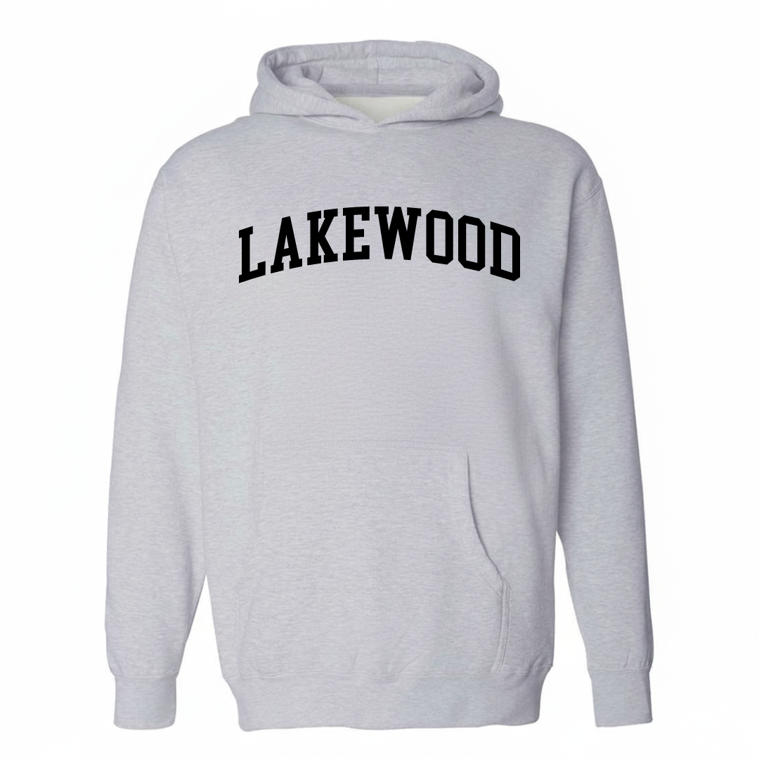 Heather-gray hoodie with the Lakewood varsity arched lettering design on the chest.