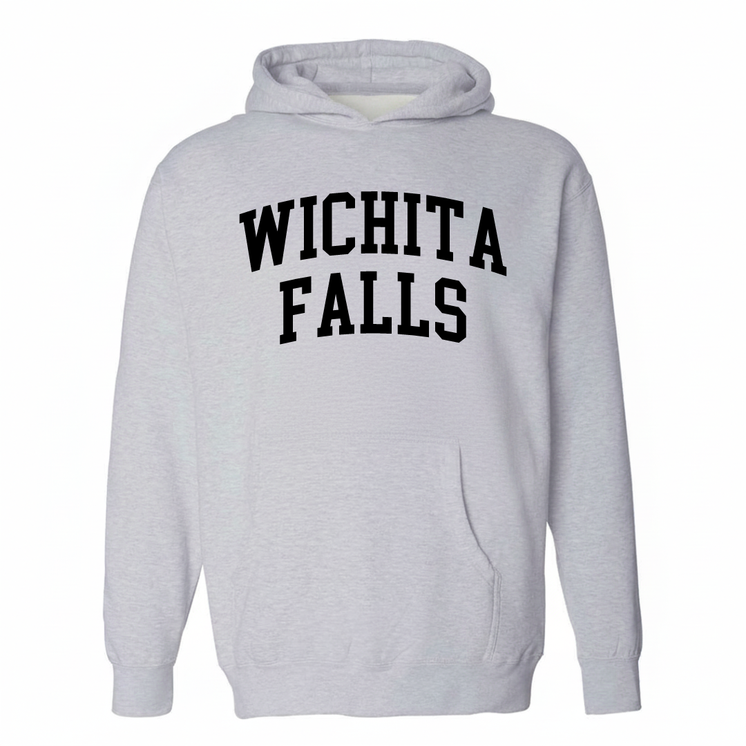 Heather-gray hoodie with the Wichita Falls varsity arched lettering design on the chest.