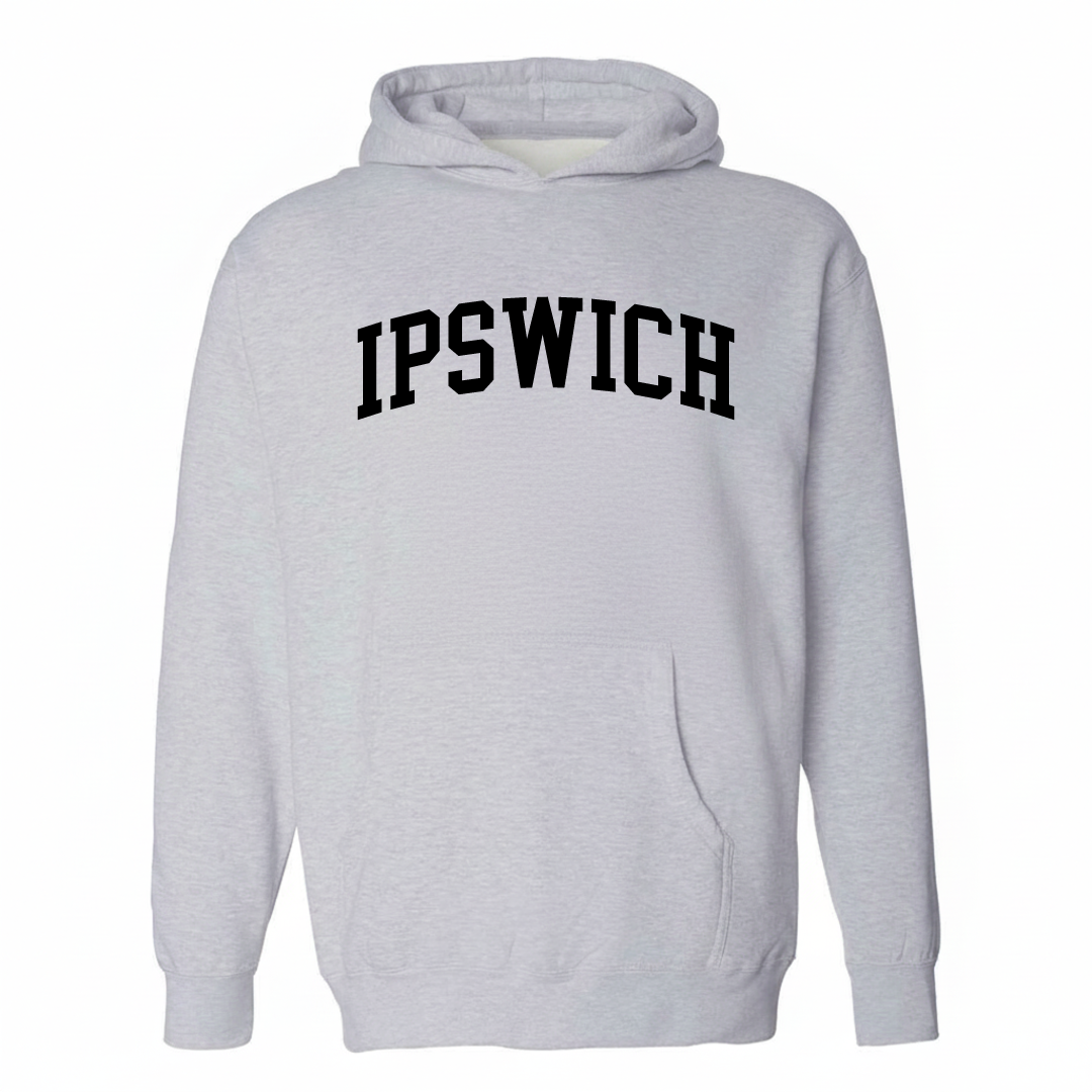 Heather-gray hoodie with the Ipswich arched lettering varsity-collegiate design on the chest.