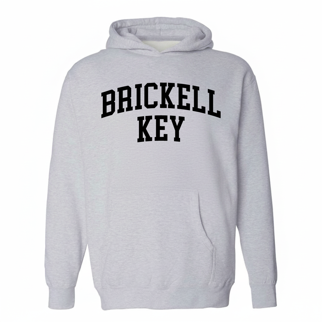 Heather-gray hoodie with the Brickell Key arched lettering design on the chest.