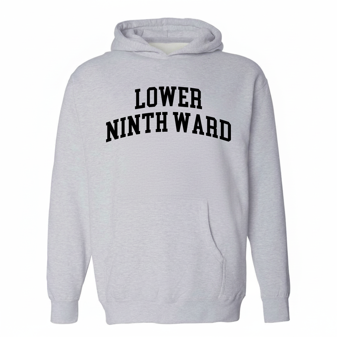 Heather-gray hoodie with the Lower Ninth Ward varsity arched lettering design on the chest.