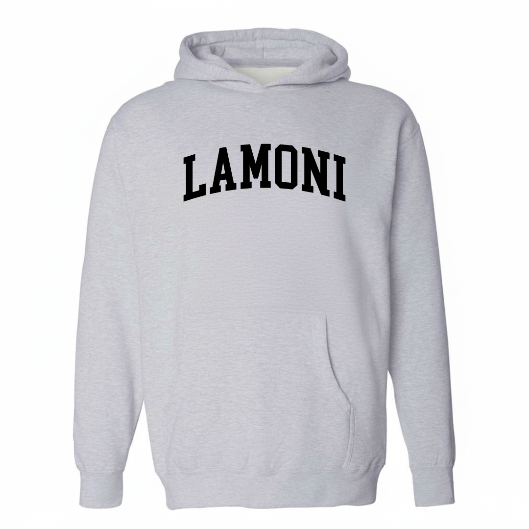 Heather-gray hoodie with the Lamoni arched lettering varsity design on the chest.