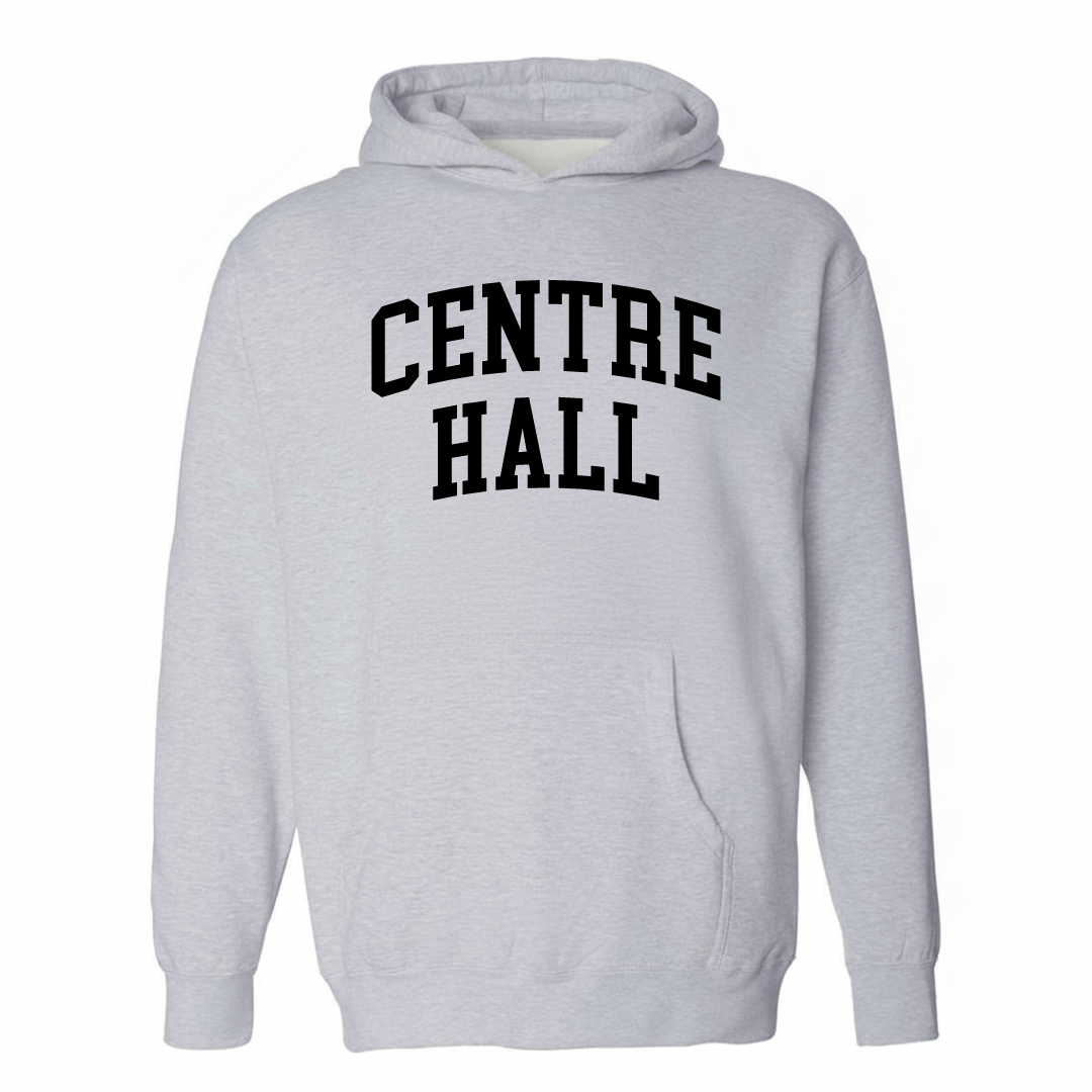 Heather-gray hoodie with the Centre Hall varsity arched lettering design on the chest.