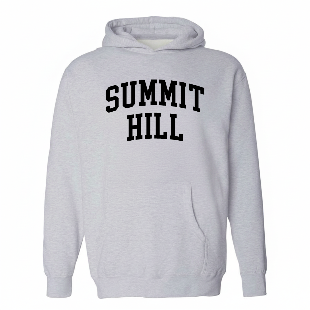 Heather-gray hoodie with the Summit Hill varsity arched lettering design on the chest.