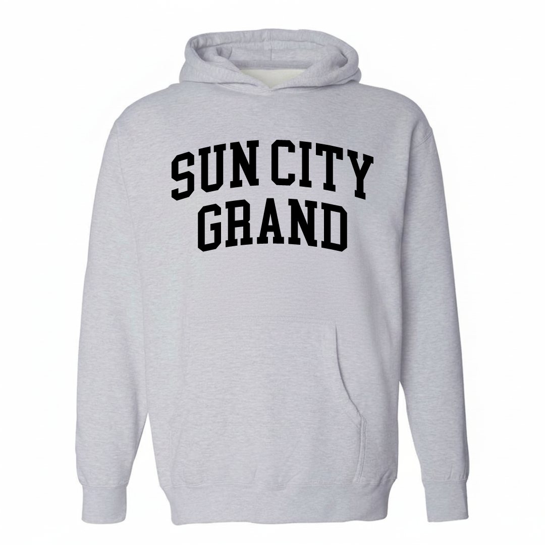 Heather-gray hoodie with the Sun City Grand varsity arched lettering design on the chest.