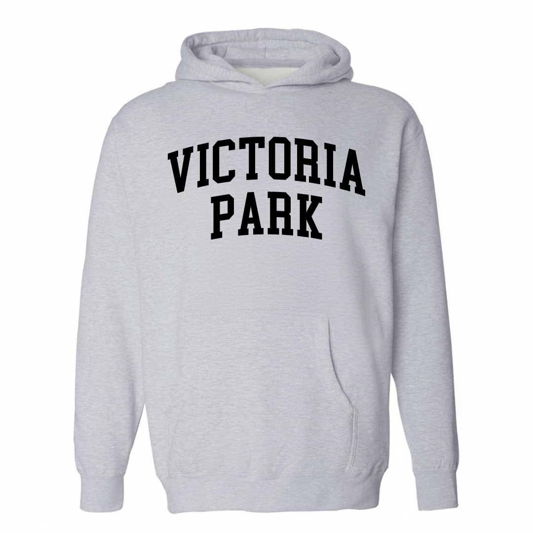 Heather-gray hoodie with the Victoria Park arched varsity lettering design on the chest.
