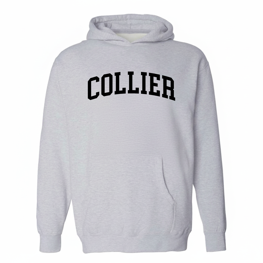 Heather-gray hoodie with the Collier Township varsity arched lettering design on the chest.