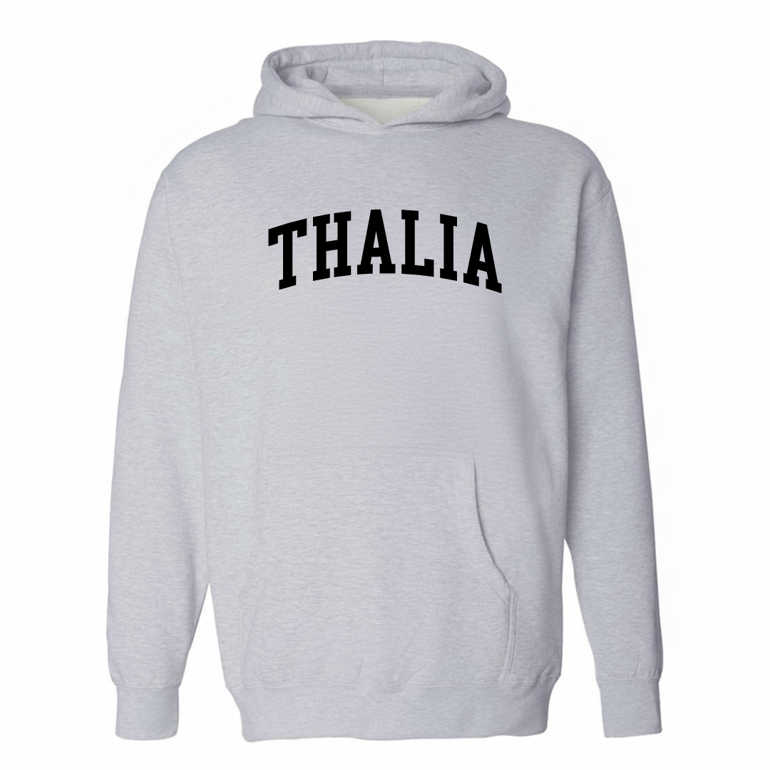Heather-gray hoodie with the Thalia varsity arched lettering design on the chest.