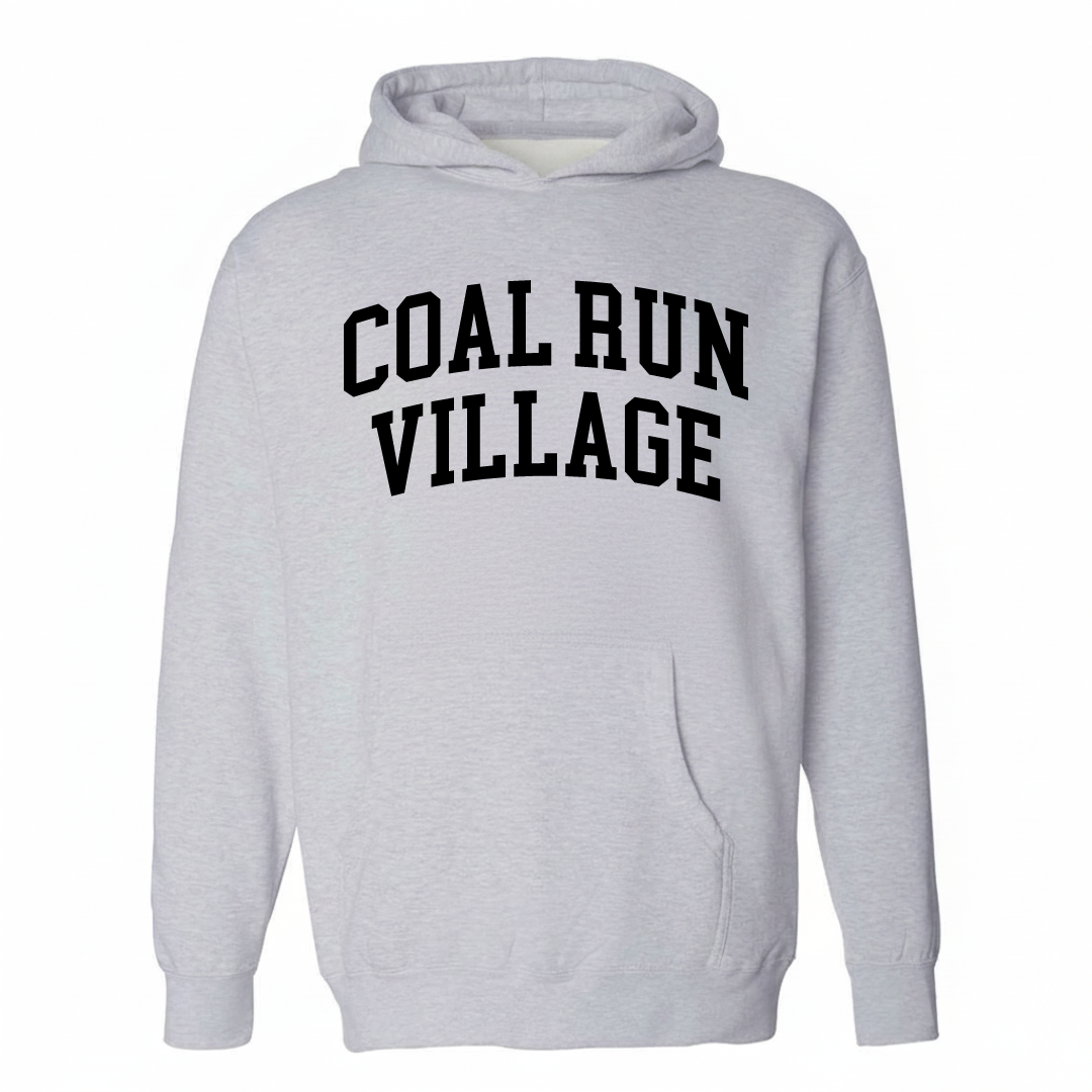 Heather-gray hoodie with the Coal Run Village varsity arched lettering design on the chest.