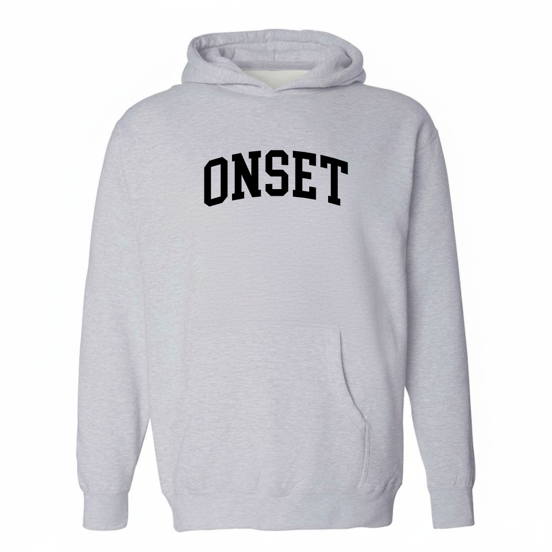 Heather-gray hoodie with the Onset varsity arched lettering design on the chest.