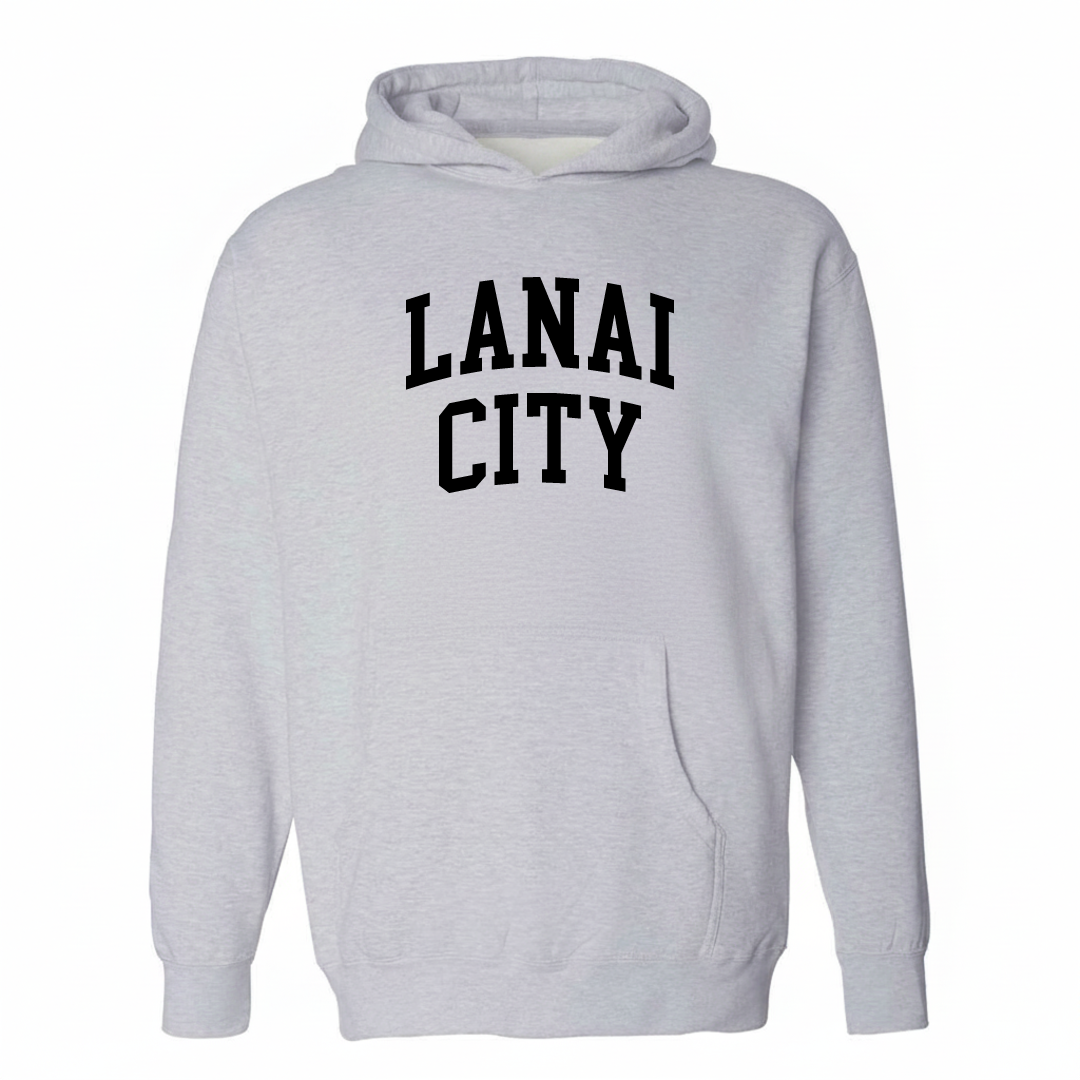 Heather-gray hoodie with the Lānaʻi City arched lettering design on the chest.
