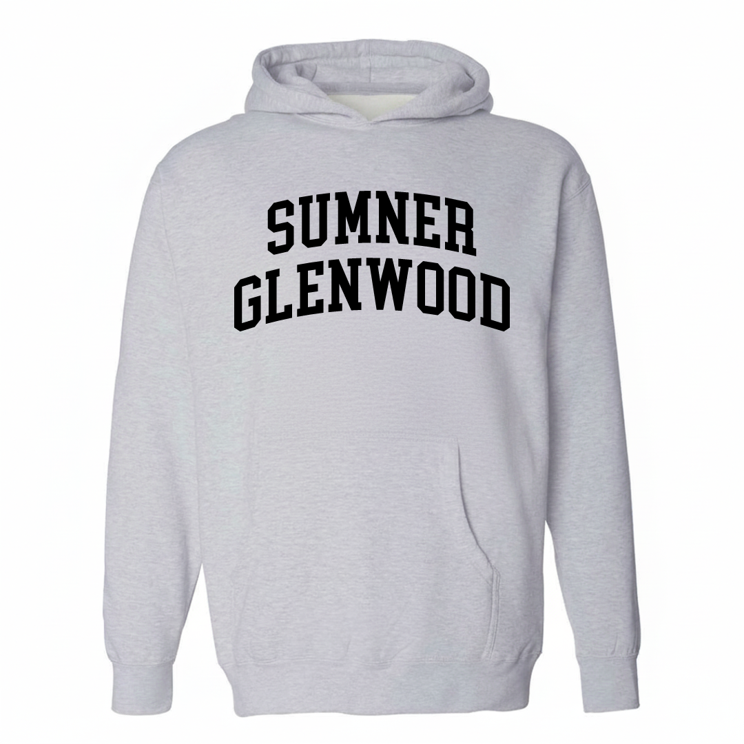 Heather-gray hoodie with the Sumner-Glenwood varsity arched lettering design on the chest.