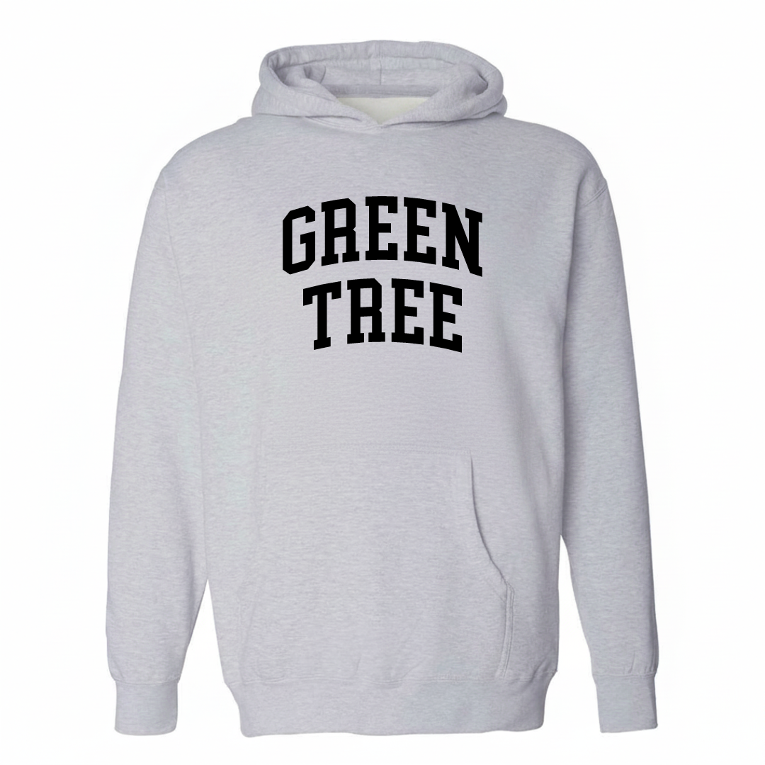 Heather-gray hoodie with the Green Tree varsity arched lettering design on the chest.