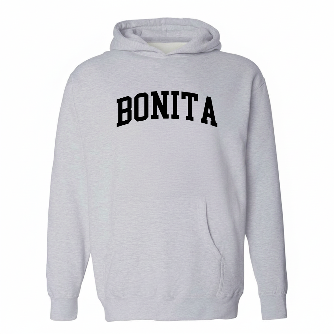 Heather-gray hoodie with the Bonita varsity arched lettering design on the chest.