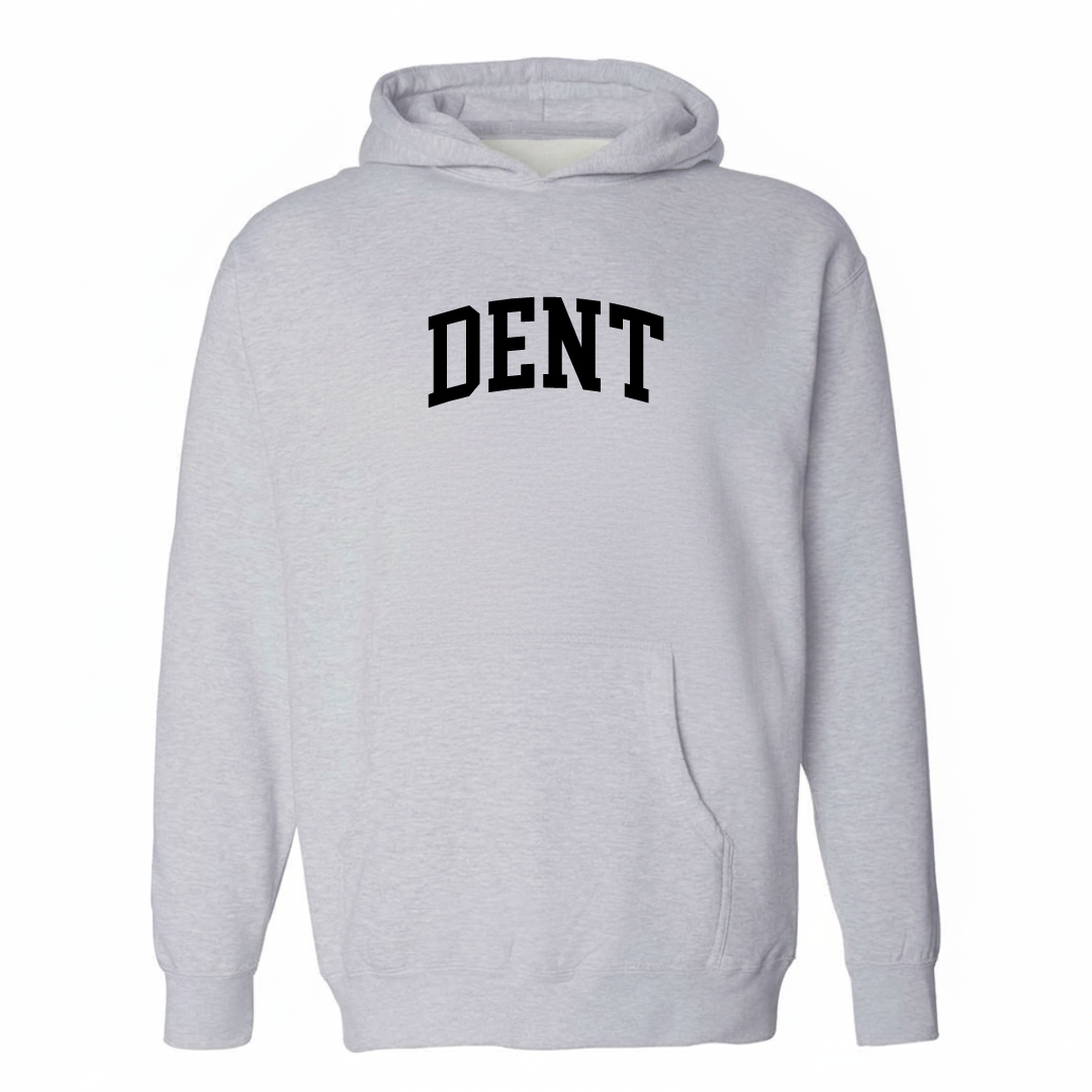 Heather-gray hoodie with the Dent arched lettering varsity-collegiate design on the chest.