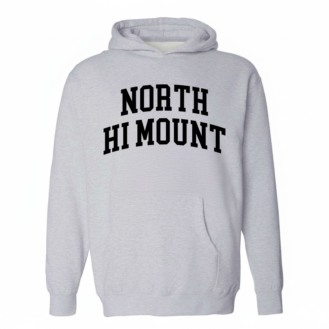 Heather-gray hoodie with the North Hi Mount arched varsity lettering design on the chest.
