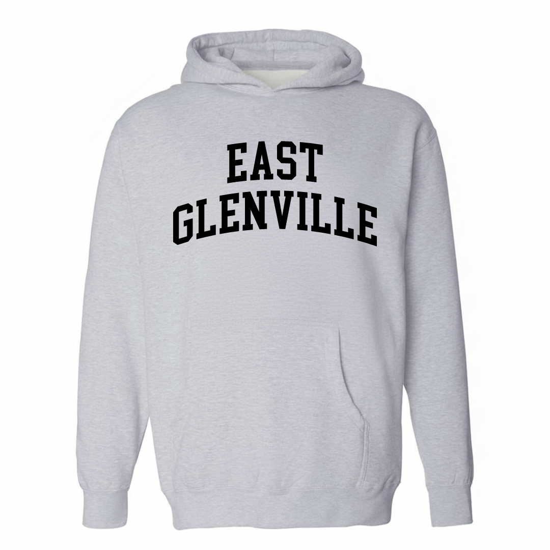 Heather-gray hoodie with the East Glenville varsity arched lettering design on the chest.