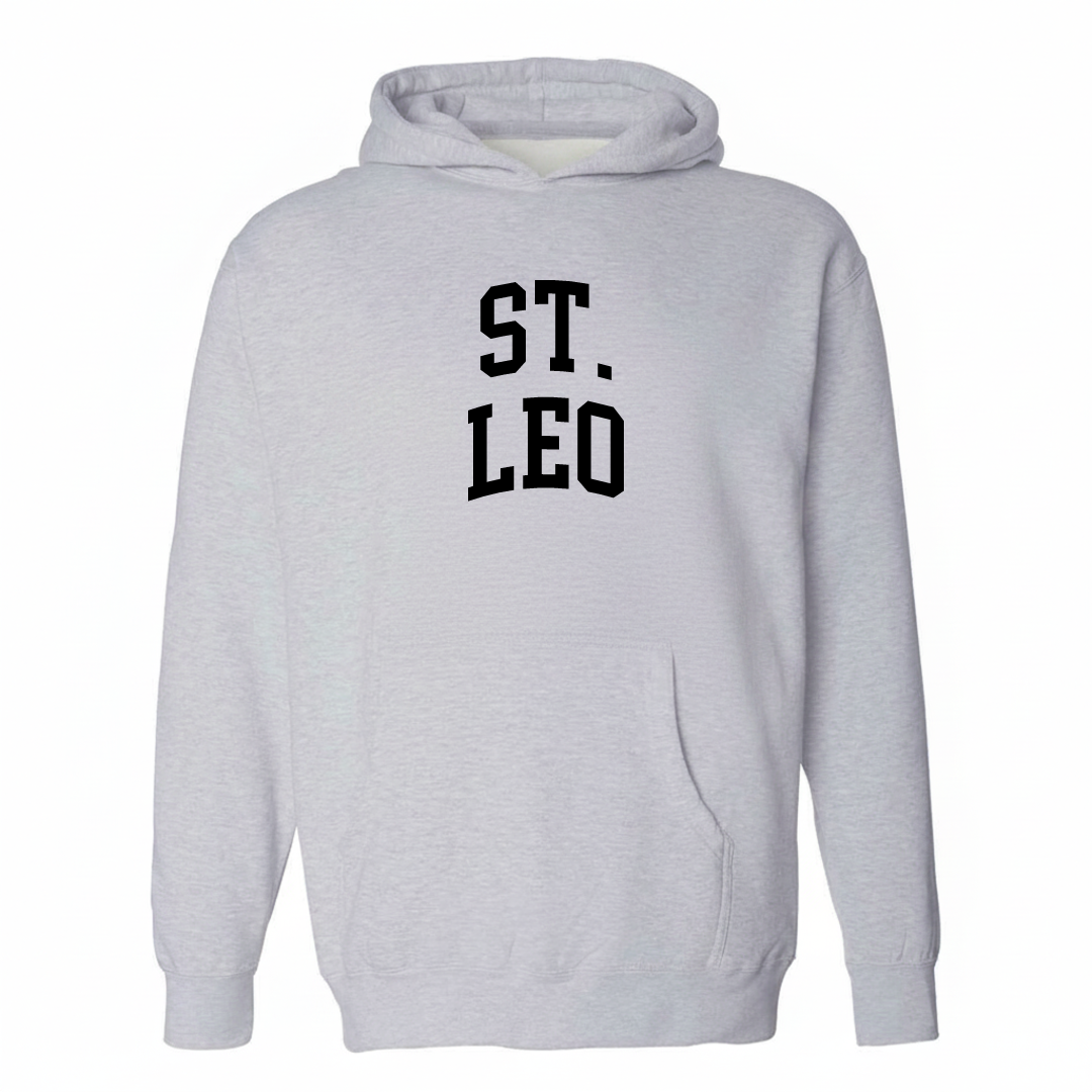 Heather-gray hoodie with the St. Leo arched lettering varsity-collegiate design on the chest.