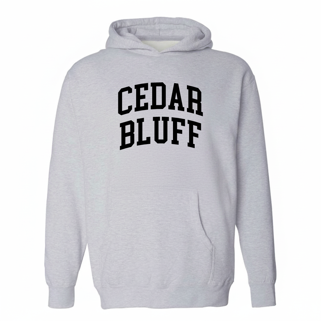 Heather-gray hoodie with the Cedar Bluff varsity arched lettering design on the chest.