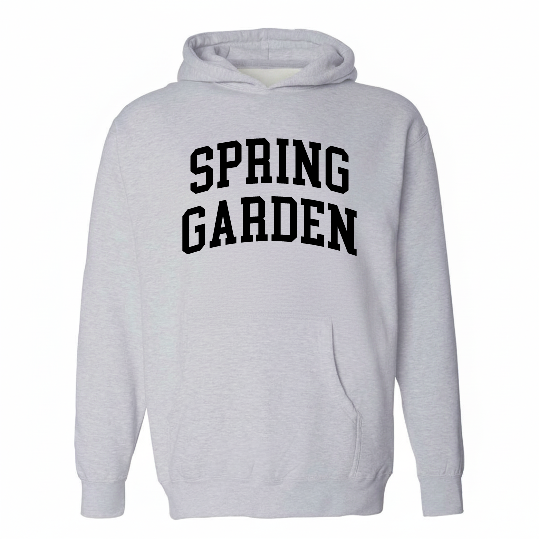 Heather-gray hoodie with the Spring Garden varsity arched lettering design on the chest.