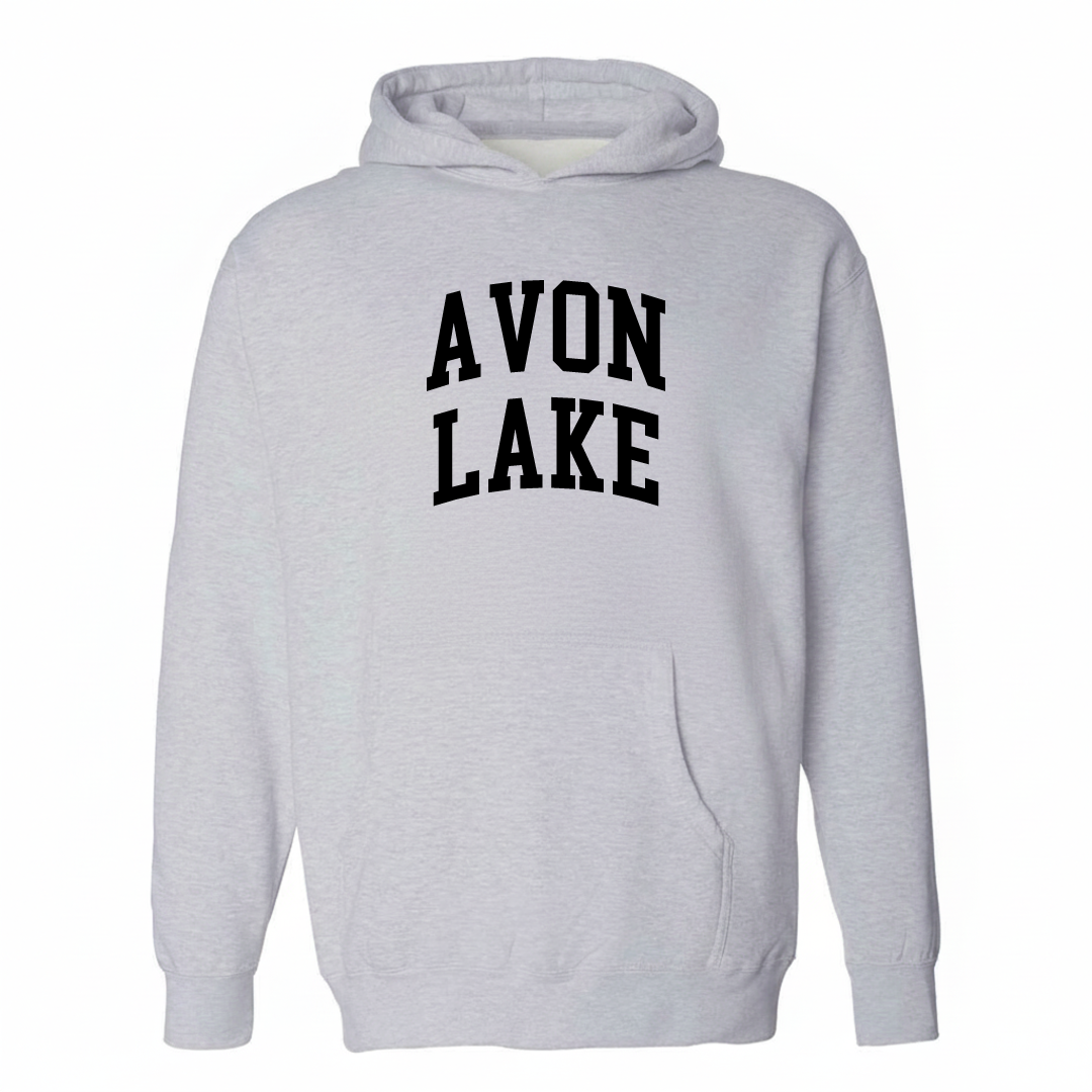 Heather-gray hoodie with the Avon Lake varsity arched lettering design on the chest.